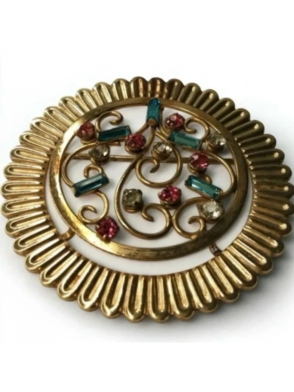 Vintage REGEL 12K GF Filigree Brooch – Multicolor Baguettes & Rhinestones